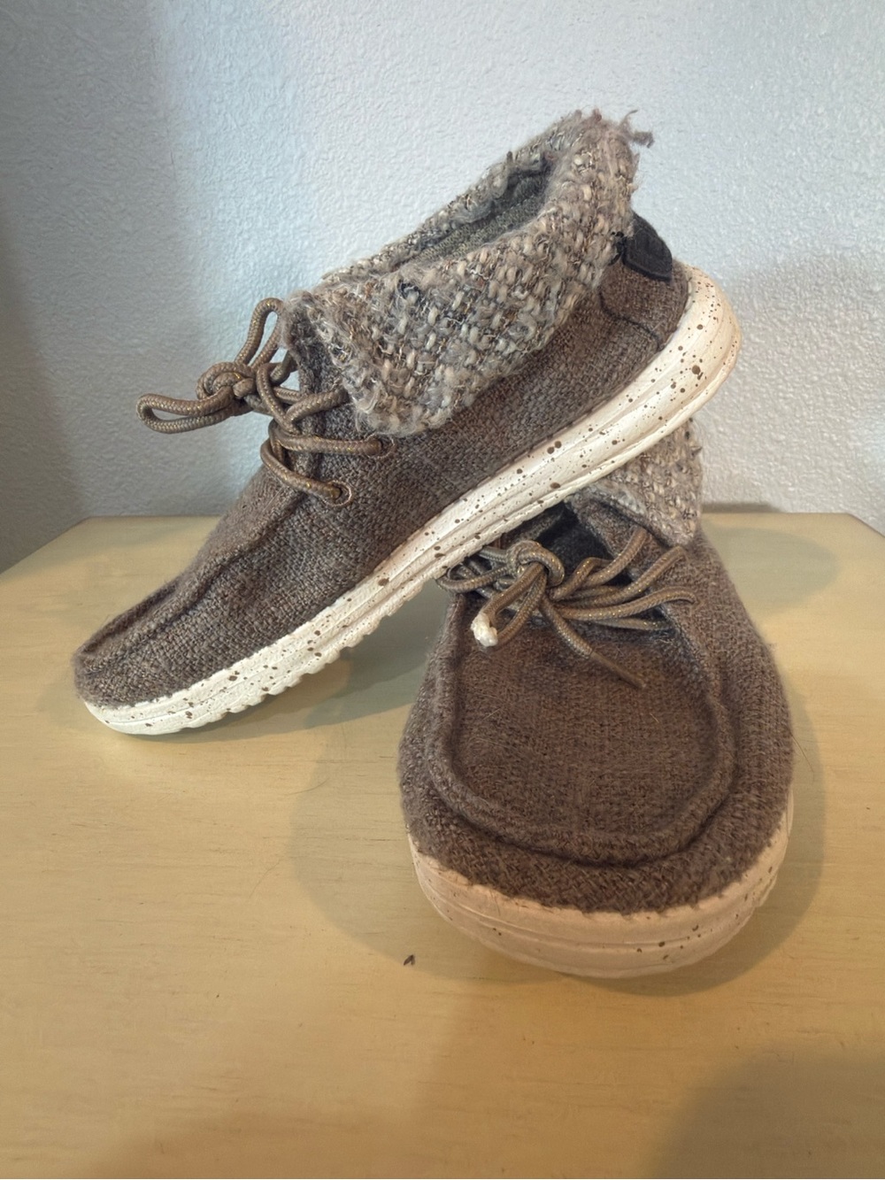 Hey Dude Women’s Brown Knit Slip-On Loafers with Fold-Over Collar